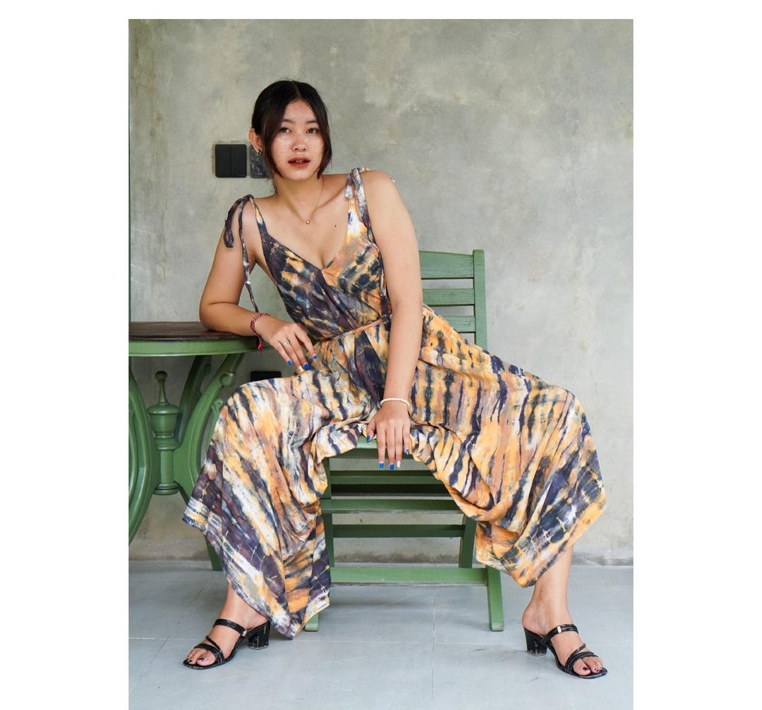Multicolor Bohemian Tie Dye Pleated Shirt Collar Loose Jumpsuit main image 0