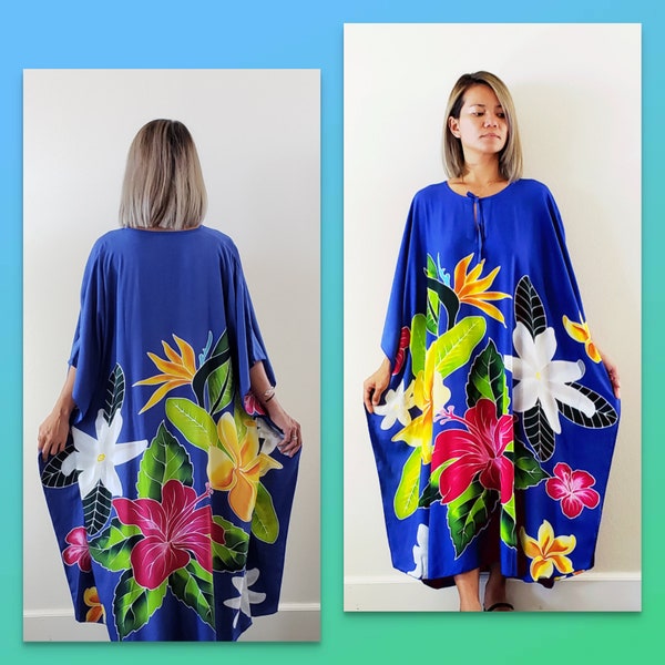 New Tropical Blue Floral Hawaiian Hand Painted Long Kaftan Dress One Size Fits S M L XL 1X 2X