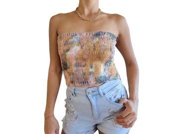 Tie Dye Boho Tube Top Bandeau Crop Top Resort Beach Wear One Size Fits XS-XL