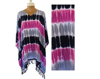 Poncho mit Batikmuster und V-Ausschnitt, Strandkleid im Boho-Stil, Kaftan-Tunika für Damen, Einheitsgröße (S-2XL), Strandmode für tropische Festivals