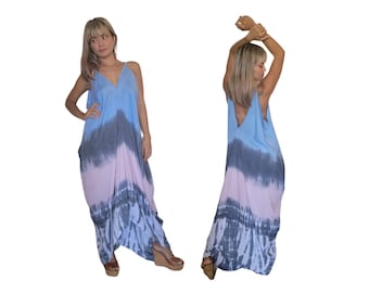 Boho Tie Dye High Low Dress with Pockets, Asymmetrical Maxi Dress, Flowy Beach Dress, One Size Fits S-2X, Hippie Festival Vacation Outfit