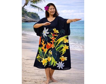 Hand Painted Hawaiian Kaftan Dress, Black Tropical Floral Cover Up, Beach Resort Maxi Wear, Vacation Lounge Dress, One Size Fits S-2X