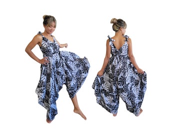 Womens Tropical Wide Leg Jumpsuit mit Taschen und Gürtel, Badeanzug Cover Up, Boho Festival Fashion, One Size, Plus Size