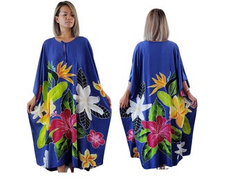 Hand Painted Hawaiian Kaftan Dress, Blue Tropical Floral Cover Up, Beach Resort Maxi Wear, Vacation Lounge Dress, One Size Fits S-2X
