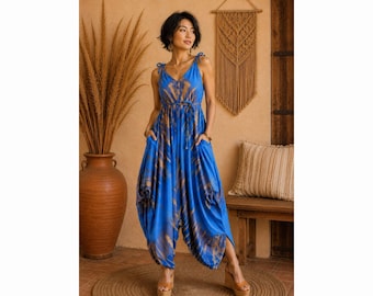 Mono bohemio tie-dye de pierna ancha, atuendo hippie para festivales de mujer, talla única (S-2X), mono bohemio fluido, ropa de resort, mono harem para mujer