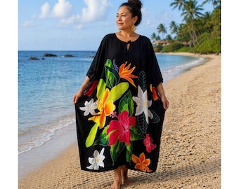 Hand Painted Hawaiian Kaftan Dress, Black Tropical Floral Cover Up, Beach Resort Maxi Wear, Vacation Lounge Dress, One Size Fits S-2X