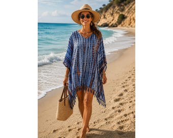 Grauer Batik-Poncho mit V-Ausschnitt, Strandkleid, Boho-Badeanzug-Überwurf, Kaftan-Tunika für Damen, Einheitsgröße (S-2XL), Strandmode für tropische Festivals