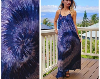 Long Boho Maxi Bamboo Racerback Tie Dye Rope Strap Dress With Pockets One Size Fits Small-Large