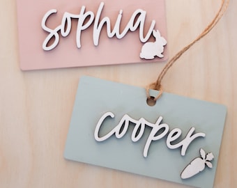 Personalized Easter Basket Tags | Wood Laser Cut Easter Bunny Tag | Easter Egg Tag | Easter Chick Tag | Easter Carrot Tag | Easter Name Tags