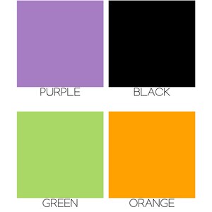 May include: A color chart for Halloween tags with the colors purple, black, green, and orange.