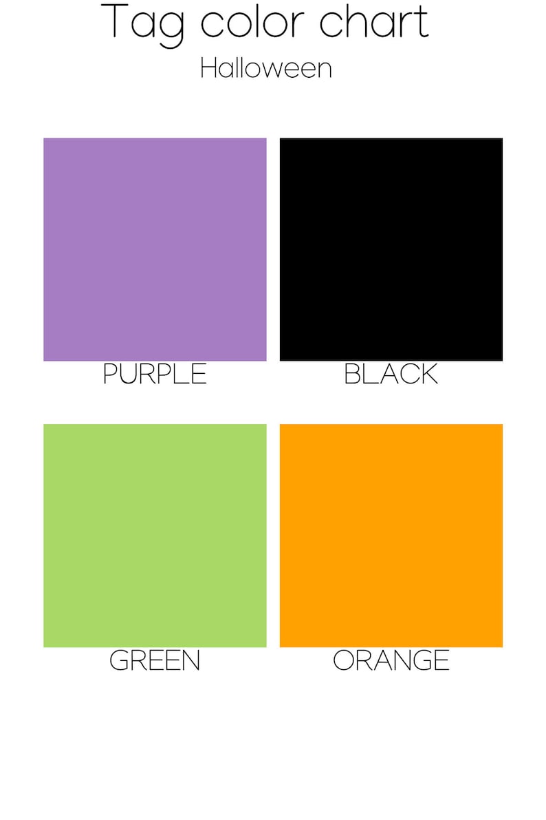 May include: A color chart for Halloween tags with the colors purple, black, green, and orange.
