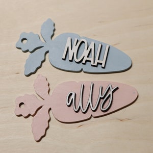 May include: Two wooden carrot-shaped name tags. The top tag is light blue with the name "Noah" written in white. The bottom tag is pink with the name "ally" written in white.