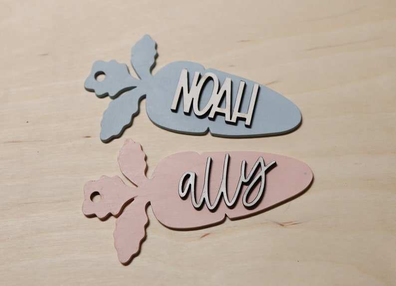 May include: Two wooden carrot-shaped name tags. The top tag is light blue with the name "Noah" written in white. The bottom tag is pink with the name "ally" written in white.