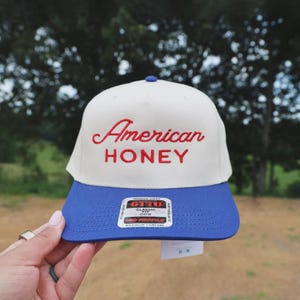 Two Tone Hat American Honey Trucker Hat Red Embroidered Western Snapback Hat for 4th of July Patriotic Five Panel Two Tone Trucker Hat