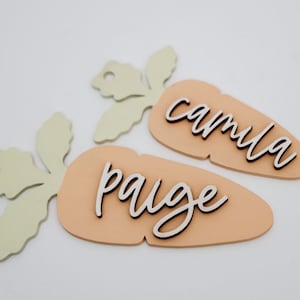 May include: Two wooden carrot-shaped ornaments with green leafy tops. The carrots are painted a light peach color and have the names "paige" and "camilla" written on them in a cursive font.
