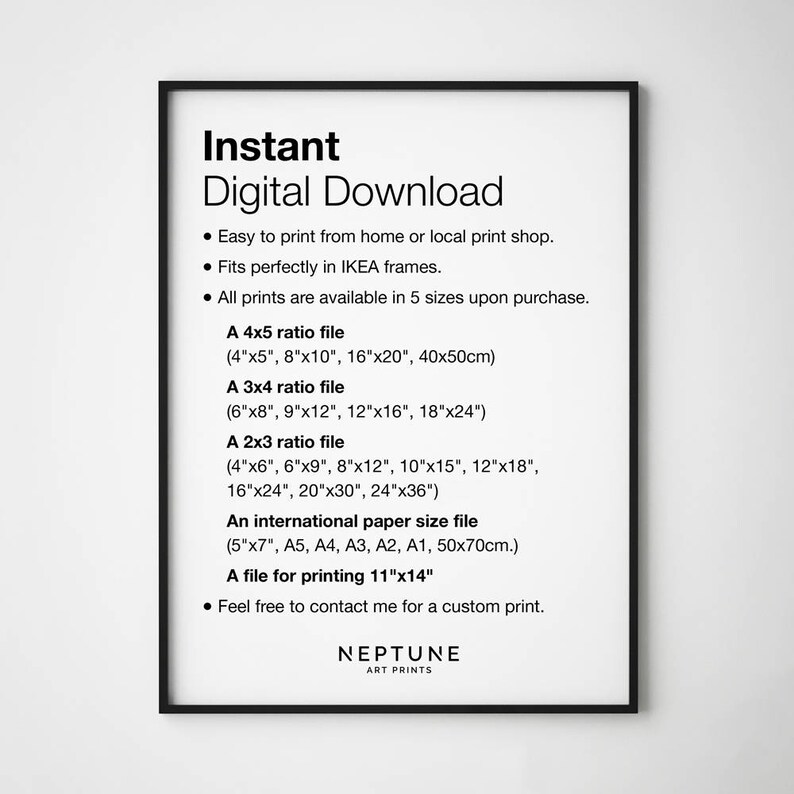 Puede incluir: Un p&oacute;ster de descarga digital en blanco y negro con el texto "Descarga digital instant&aacute;nea" y una lista de tama&ntilde;os de archivo para imprimir. El p&oacute;ster tambi&eacute;n incluye el texto "NEPTUNE ART PRINTS".