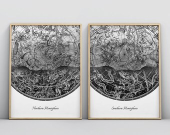 2 Stück Konstellation Karte druckbare Wandkunst, schwarz und weiß himmlische Sterne Karte Druck, Astronomie Kunst, nördliche südliche Hemisphäre Poster