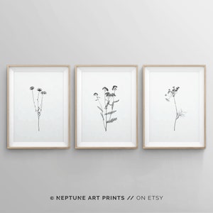 Set of 3 Black and White Art Prints, Minimalist Wall Art Prints, Modern Floral Flowers Poster Set, 3 Piece Wall Decor, Plants, Zen, Peace