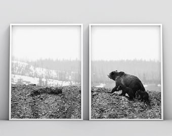 Modern Bear Print, Woodlands Nursery Animal, Printable Poster, Digital Download, Nursery Decor Wall Art, Black and White, Set of 2 Minimal