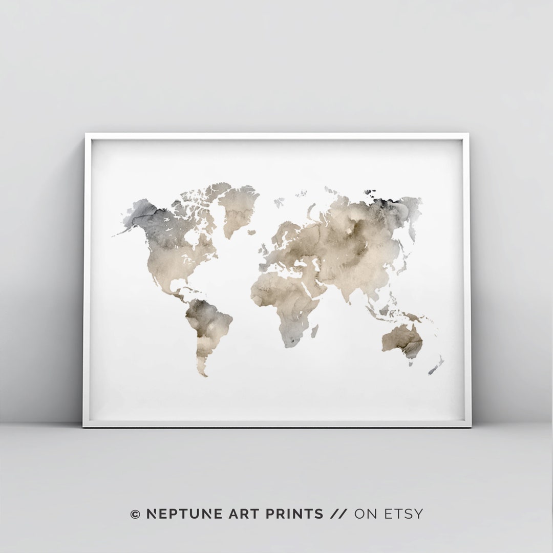 Neutral Color Maps Neutral Tone Beige World Map Printable, Earth Tone Tan Modern Print ...
