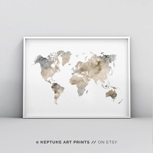 Neutralen Ton Beige Weltkarte druckbare, Erde Ton Tan moderne Druck Poster, abstrakte Weltkarte WandKunst minimalistischen Druck Digital