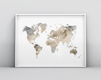 Neutral Tone Beige World Map Printable, Earth Tone Tan Modern Print Poster, Abstract World Map Wall Art Watercolour Minimalist Print Digital