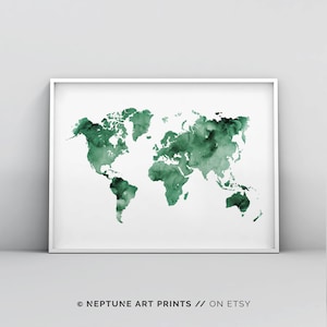 Dunkle Wald grün Weltkarte druckbare, Salbei Smaragd grün moderne Druck Poster, abstrakte Weltkarte WandKunst Aquarell minimalistischen Druck