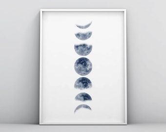 Indigo Blue Phases of the Moon Printable, Moon Phases Printable, Minimalist Moon Poster, Moon Phases Wall Art, Lunar Phases Digital Download