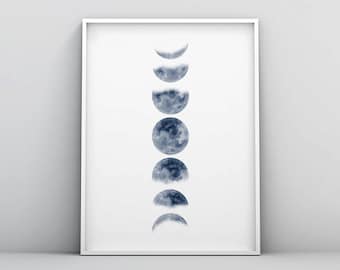 Fases da lua em azul índigo para impressão, fases da lua para impressão, pôster minimalista da lua, arte de parede das fases da lua, download digital das fases lunares