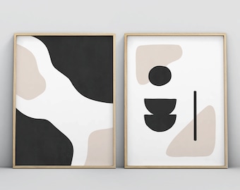 2 Piece Black and White Abstract Minimalistic Modern Large Wall Art ...