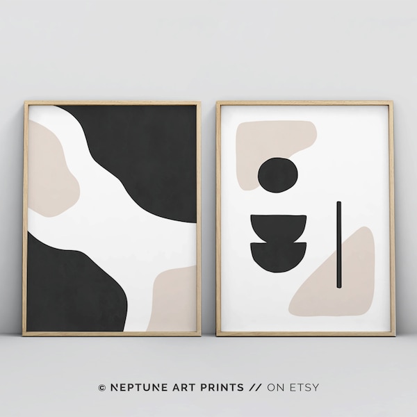 Set of 2 Piece Mid Century Black White Beige Abstract Minimalistic Modern Large Wall Art Poster Print, Scandinavian Contemporary 18x24 24x36