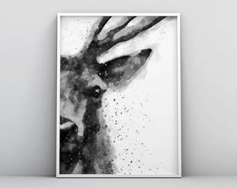 Deer Watercolor Printable, Deer Art Print, Painting Deer Head, Abstract Deer Painting, Modern Wall Art, Minimalist Decor Scandinavian Poster