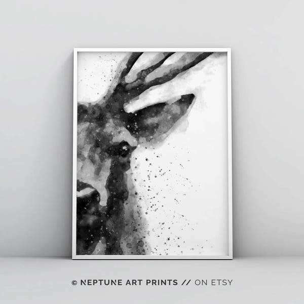 Deer Watercolor Printable, Deer Art Print, Painting Deer Head, Abstract Deer Painting, Modern Wall Art, Minimalist Decor Scandinavian Poster