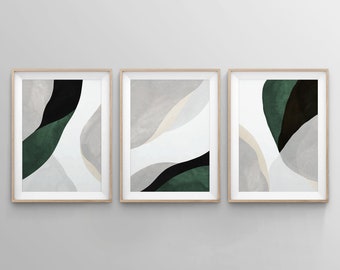 Green Wall Art, Sage Green Decor, Bedroom Wall Art, Dark Green Wall Decor, 3 Piece Wall Art, Large Dining Living Room Abstract Art Prints