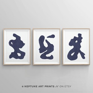3 pieza abstracta contemporánea azul marino azul moderno formas pared arte cartel impresión, trazo minimalista de la pared minimalista pared arte envolvación de arte