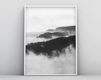 Black and White Landscape Printable, Fog Forest Print, Misty Landscape Photography, Printable Forest Prints, Black White Home Decor Wall Art