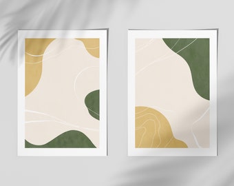 2 Piece Abstract Mid Century Modern Sage Olive Green Yellow Mustard Earth Tone Muted Art Minimalistic Line Art Printable Wall Art Home Decor