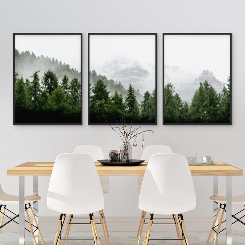 3 Piece Forest Wall Art Print, Set of 3 Forest Landscape Art, Green Forest Printable, Nature Printable, Modern Art, Minimalist, Misty, Decor image 3