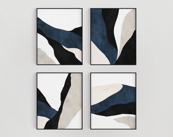 Abstract Blue Wall Art, Large Painting Art, Bedroom Wall Art, Navy Blue Wall Art, Set of 4 Piece Prints, Modern Minimalist Printable Art