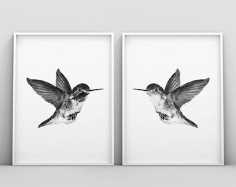 2 Piece Hummingbird Print, Bird Print, Hummingbird Wall Art, Minimalist, Bird Art, Black and White Drawing, Illustration Art, Stipple Poster