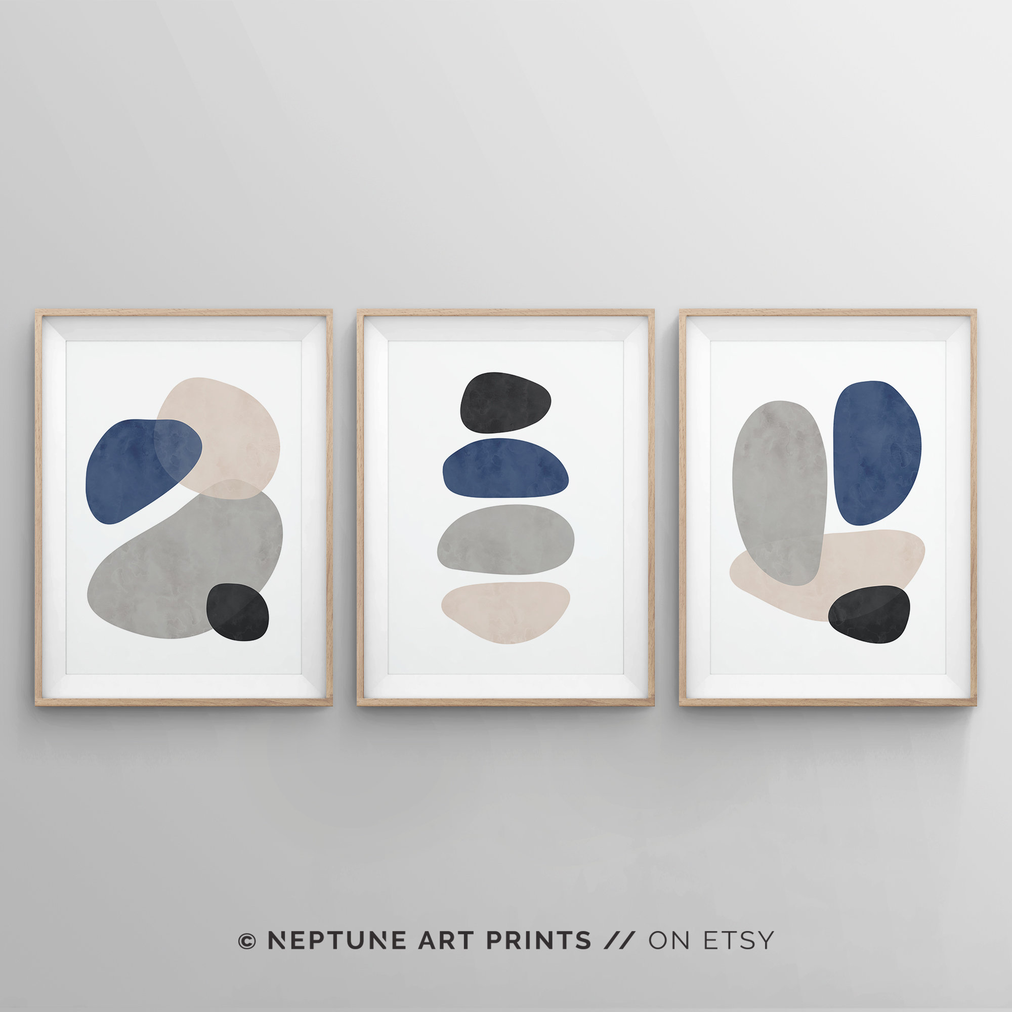 3 Piece Abstract Shapes Navy Blue Beige Watercolor Wall Art Etsy