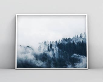 Modern Blue Printable, Forest Photography, Navy Blue, Scandinavian Foggy Forest, Minimalist, Nature, Wilderness, Instant Download, Poster