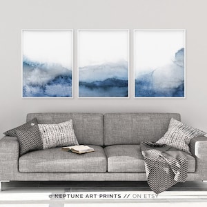 Set of 3 Blue Gray Wall Art, Printable Abstract Art, Blue Grey Watercolor Print, Blue Watercolor ...