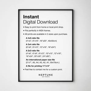 Peut inclure: Une affiche de t&eacute;l&eacute;chargement num&eacute;rique en noir et blanc avec le texte "Instant Digital Download" et une liste de tailles de fichiers pour l'impression. L'affiche comprend &eacute;galement le texte "NEPTUNE ART PRINTS".
