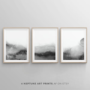 Set of 3 Black and White Prints, Abstract Printable Print Set, Black and White Wall Art, Grey Modern Watercolour Art, Bedroom Print Set, Zen