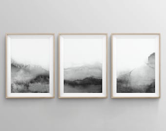 Set van 3 zwart-wit prints, abstracte afdrukbare print set, zwart-wit kunst aan de muur, grijs moderne aquarel kunst, slaapkamer print set, zen