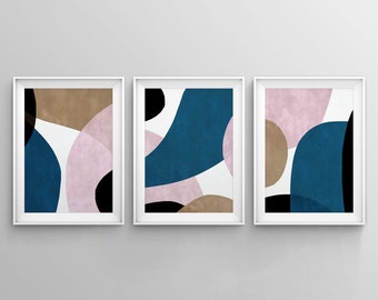 Set of 3 Prints, Printable Print Set, Pink Blue Prints, Blush Pink and Blue Wall Art, Abstract Art, Three Prints, Bedroom Print Set, Shapes