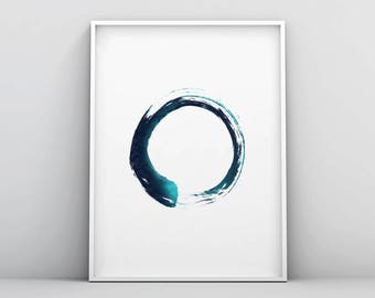 Brush Stroke Circle Print, Abstract Teal Wall Art, Scandinavian, Printable Modern Minimal Ink Painting, Home Decor, Blue, Zen, Yoga, Peace