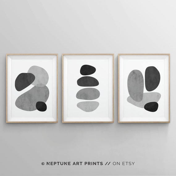 3 Piece Abstract Shapes Black Gray White Wall Art Poster | Etsy