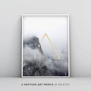 Gold Triangle Printable, Geometric Mountain Print, Gold Triangle Wall Art, Geometric Landscape Print, Abstract Geometric Printable Misty Fog
